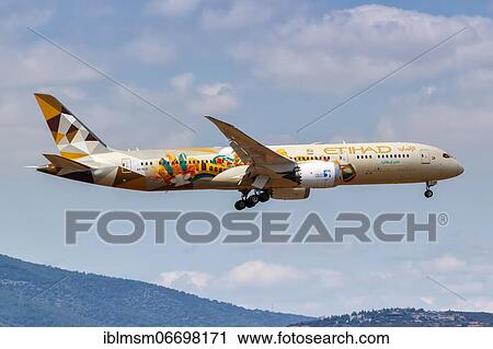 Stock Image - An Etihad Airways Boeing 787-9 Dreamliner with registration A6-BLH and Adnoc Italia special livery at Athens Airport, Greece, Europe. Fotosearch