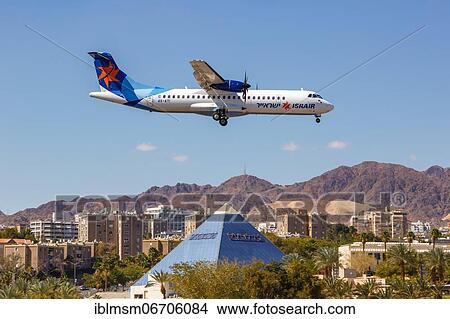 An Israir ATR 72-500 aircraft with registration number 4X-ATI lands at Eilat Airport, Israel, Asia View Large Photo Image Picture - An Israir ATR 72-500 aircraft with registration number 4X-ATI lands at Eilat Airport, Israel, Asia. Fotosearch