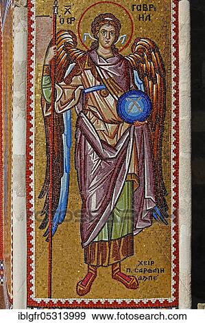 Stock Photo - Archangel Gabriel, mosaic at the main entrance of the monastery of Kykko, Republic of Cyprus. Fotosearch