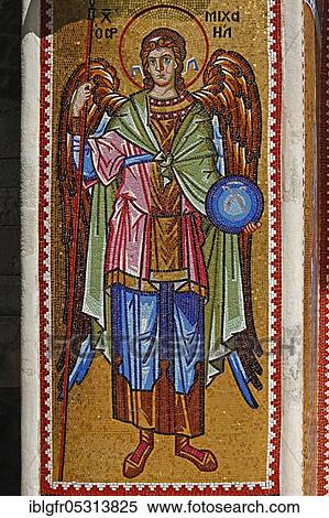 Stock Photography - Archangel Michael, mosaic, at the main entrance of the monastery of Kykko, Republic of Cyprus. Fotosearch