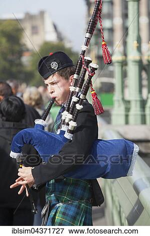 Stock Photo - Bagpipe player, London, England, Great Britain, United Kingdom, Europe. Fotosearch