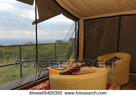 Stock Image - Balcony, Armchair, National park, Savannah, Serengeti, Tanzania, Africa. Fotosearch