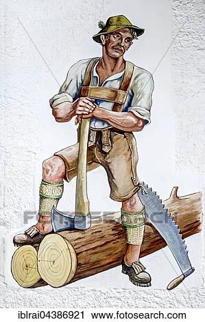 Stock Image - Bavarian Lüftlmalerei, scene with a woodcutter, Old townhall, Bayrischzell, Upper Bavaria, Bavaria, Germany, Europe. Fotosearch