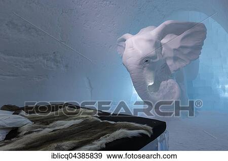 Bed with reindeer skins, Elephant In The Room suite, designed by Annasofia Maag, Icehotel, Jukkasjärvi, Norrbotten County, Sweden, Europe View Large Photo Image Stock Photo - Bed with reindeer skins, Elephant In The Room suite, designed by Annasofia Maag, Icehotel, Jukkasjärvi, Norrbotten County, Sweden, Europe. Fotosearch