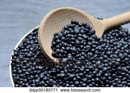 Stock Image - Beluga lentils in cooking spoon. Fotosearch