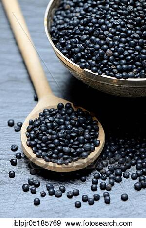 Stock Photo - Beluga lentils in cooking spoon. Fotosearch