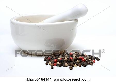 Stock Image - Black, white and red peppercorns, grated shell, mortar, pepper, peppercorn, peppercorns. Fotosearch