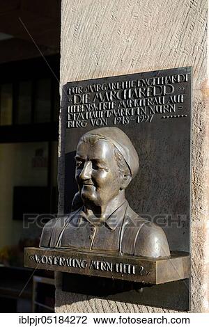 Stock Image - Bronze plaque for Margarethe Engelhardt, market woman on the main market, 1948, 1997, Nuremberg, Franconia, Bavaria, Germany, Europe. Fotosearch