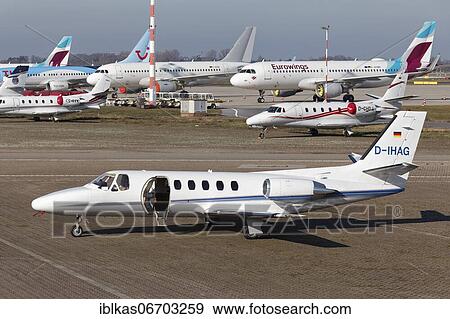 Stock Photo - Business jet Cessna 551 Citation II/SP at Executive Terminal Jet Aviation, Düsseldorf Airport, North Rhine-Westphalia, Germany, Europe. Fotosearch