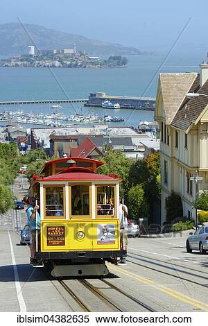 Cable car and Alcatraz Island, San Francisco, California, USA, North America View Large Photo Image Stock Photography - Cable car and Alcatraz Island, San Francisco, California, USA, North America. Fotosearch
