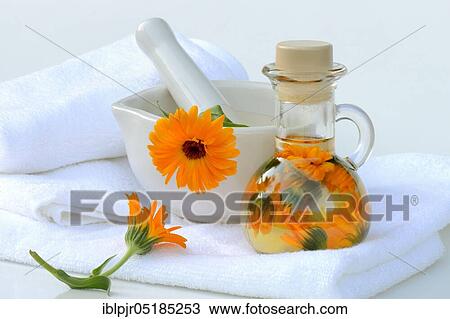 Stock Image - Calendula oil in bottle, Calendula oil. Fotosearch