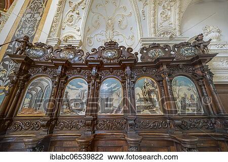 Stock Image - Carved choir stalls, Lorenzirche, Kempten, Allgäu, Upper Swabia, Swabia, Bavaria, Germany, Europe. Fotosearch