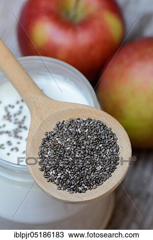 Chia seeds ( Salvia hispanica) in cooking spoon on yoghurt glass and apples View Large Photo Image Stock Image - Chia seeds ( Salvia hispanica) in cooking spoon on yoghurt glass and apples. Fotosearch