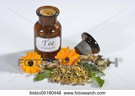 Stock Photo - Cholesterol regulating tea, dandelion leaves (Taraxacum officinale) (dandelion root), marigold (Calendula officinalis), soap root (Saponaria officinalis), milk thistle fruit (Silybum marianum) artichoke leaves (Cynara scolymus). Fotosearch