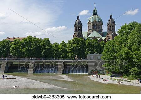 Church of St. Luke with Isar and weir, Munich, Upper Bavaria, Bavaria, Germany, Europe View Large Photo Image Stock Photography - Church of St. Luke with Isar and weir, Munich, Upper Bavaria, Bavaria, Germany, Europe. Fotosearch