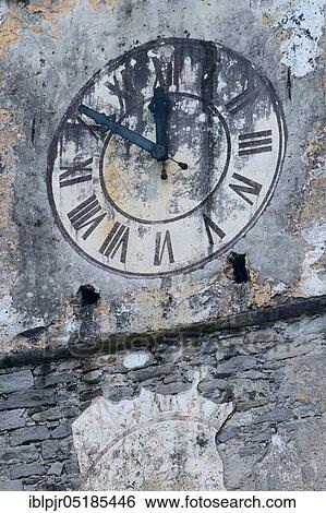 Stock Photograph - Church tower clock, Church of Lavertezzo, Valle Verzasca, Ticino, Switzerland, Europe. Fotosearch