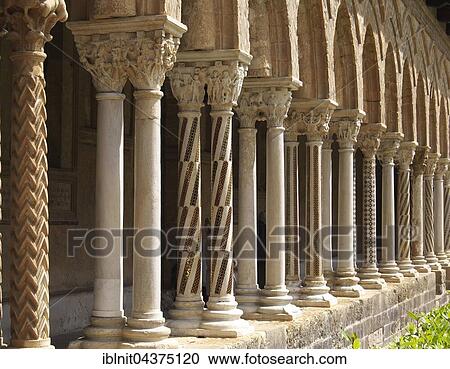Cloister with ornate pillars in the courtyard of Monreale Cathedral, Monreale, Sicily, Italy, Europe View Large Photo Image Stock Image - Cloister with ornate pillars in the courtyard of Monreale Cathedral, Monreale, Sicily, Italy, Europe. Fotosearch