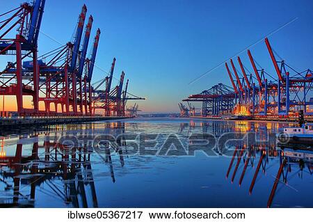 Stock Photo - Container terminals Hamburg-Waltershof, Waltershofer Damm, Hamburg, Germany, Europe. Fotosearch
