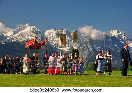 Stock Photo - Corpus Christi procession, parade, Werdenfels, Bavaria, Germany, Europe. Fotosearch