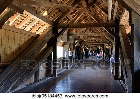 Stock Image - Covered wooden bridge over the Rhine, old Rhine bridge, 203 m long, Bad Säckingen, Waldshut district, Baden-Württemberg, Germany, Europe. Fotosearch