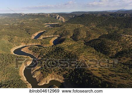 Stock Photo - Dehesa, holm oak forest with river, aerial view, Monfragüe National Park, Extremadura, Spain, Europe. Fotosearch