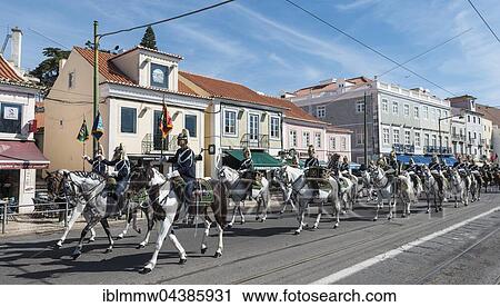 Stock Image - Deployment of the National Guard to speech by Portuguese President Marcelo Rebelo de Sousa, Guarda Nacional Republicana, Lisbon, Lisbon District, Portugal, Europe. Fotosearch