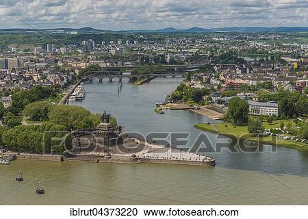 Stock Image - Deutsches Eck, confluence of Rhine and Moselle rivers, view from Ehrenbreitstein Fortress, Koblenz, Rheinland Pfalz, Germany, Europe. Fotosearch