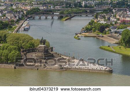 Deutsches Eck, confluence of Rhine and Moselle rivers, view from Ehrenbreitstein Fortress, Koblenz, Rheinland Pfalz, Germany, Europe View Large Photo Image Stock Photo - Deutsches Eck, confluence of Rhine and Moselle rivers, view from Ehrenbreitstein Fortress, Koblenz, Rheinland Pfalz, Germany, Europe. Fotosearch