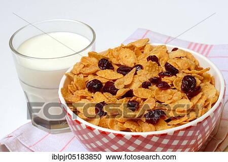 Stock Image - Dried cranberries (Vaccinium macrocarpon) on cornflakes and glass of milk. Fotosearch