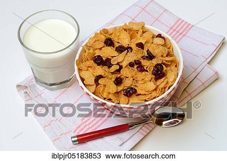 Stock Image - Dried cranberries (Vaccinium macrocarpon) on cornflakes and glass of milk. Fotosearch