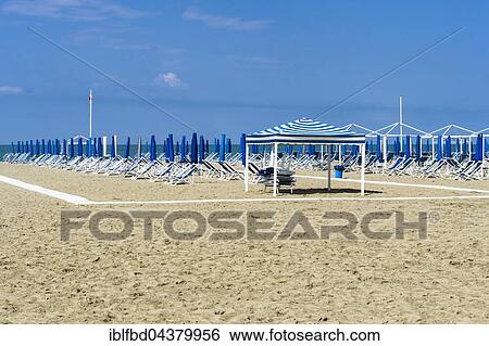 Empty blue deckchairs and sunshades on beach, early season, Viareggio, Tuscany, Italy, Europe View Large Photo Image Stock Photograph - Empty blue deckchairs and sunshades on beach, early season, Viareggio, Tuscany, Italy, Europe. Fotosearch