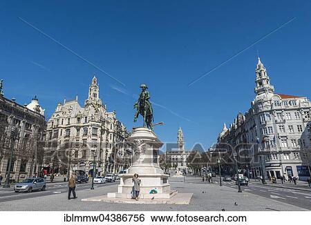 Stock Photograph - Equestrian statue of Dom Pedro IV, Aliados Avenue and townhall, Porto, District of Porto, Portugal, Europe. Fotosearch