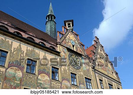 Facade of the town hall with astronomical clock, Ulm, Baden-Württemberg, Germany, Europe View Large Photo Image Stock Image - Facade of the town hall with astronomical clock, Ulm, Baden-Württemberg, Germany, Europe. Fotosearch