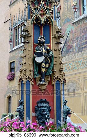 Fish box in front of the south gable of the Ulm city hall, reed well, Syrlin well, market well, well figure, armor plate with shield, coat of arms of Ulm, city hall, Ulm, Baden-Württemberg, Germany, Europe View Large Photo Image Stock Photo - Fish box in front of the south gable of the Ulm city hall, reed well, Syrlin well, market well, well figure, armor plate with shield, coat of arms of Ulm, city hall, Ulm, Baden-Württemberg, Germany, Europe. Fotosearch