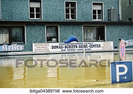 Stock Photograph - Flood, flooded houses up to the first floor, Passau, Bavaria, Germany, Europe. Fotosearch