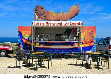 Food stand, Letzte Bratwurst vor Amerika, last sausage before America, Cape St. Vincent, Cabo de São Vicente, Algarve, Portugal, Europe View Large Photo Image Stock Photography - Food stand, Letzte Bratwurst vor Amerika, last sausage before America, Cape St. Vincent, Cabo de São Vicente, Algarve, Portugal, Europe. Fotosearch