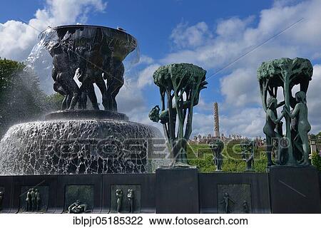 Stock Image - Fountain and monolith, Vigelandpark in Frognerpark, Oslo, Norway, Europe. Fotosearch