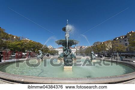 Stock Photograph - Fountain, bronze fountain at Rossio Square, Lisbon, Portugal, Europe. Fotosearch