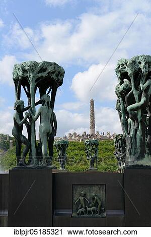 Stock Image - Fountain figures and monolith, Vigelandpark in Frognerpark, Oslo, Norway, Europe. Fotosearch