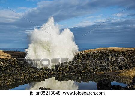 Fountain from a blowhole, surf shooting up through rocks from below, Anarstapi, Snaefellsness peninsula, Iceland, Europe View Large Photo Image Stock Photo - Fountain from a blowhole, surf shooting up through rocks from below, Anarstapi, Snaefellsness peninsula, Iceland, Europe. Fotosearch