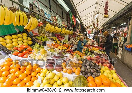 Stock Image - Fruit at market stall, Mercado de Bolhão, Porto, Portugal, Europe. Fotosearch