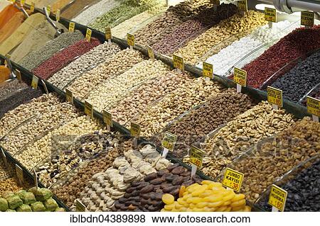Stock Photo - Fruits and nuts stall, Grand Bazaar, Istanbul, Turkey, Asia. Fotosearch