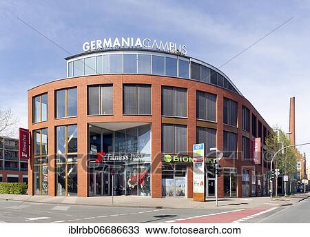Stock Image - Germania brewery from 1898, today city quarter Germania-Campus with residential and commercial buildings, hotel, gastronomy, leisure and health facilities, Münster, Westphalia, North Rhine-Westphalia, Germany, Europe. Fotosearch
