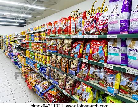 Stock Image - Goods, animal food on shelves in supermarket, Swakopmund, Namibia, Africa. Fotosearch