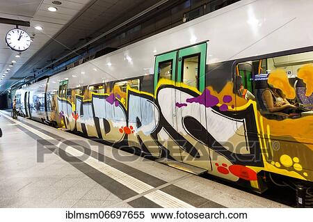 Stock Photography - Graffiti S-Bahn Leipzig train S Bahn station stop central railway station in Leipzig, Germany, Europe. Fotosearch