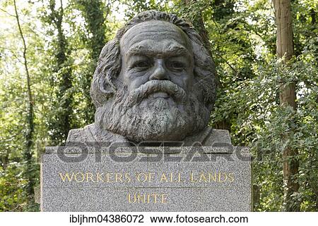 Stock Image - Grave of Karl Marx, bust, Highgate Cemetery, London, England, United Kingdom, United Kingdom, Europe. Fotosearch