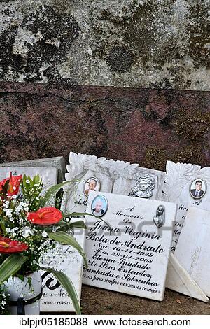Stock Photo - Gravestones in the cemetery of Sao Vicente, marble plaque, name plate, Madeira, Portugal, Europe. Fotosearch