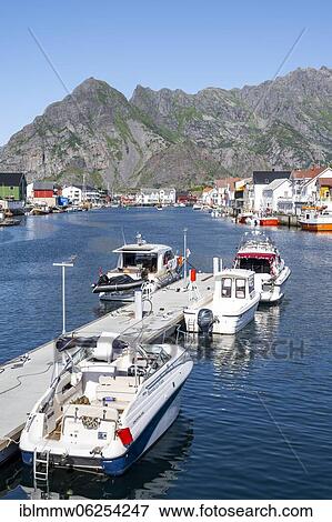 Stock Photo - Harbour and houses, Henningsvær, Lofoten, Nordland, Norway, Europe. Fotosearch