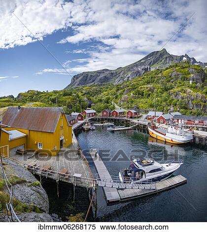 Harbour with fishing boat, Rorbu cabins, historic fishing village Nusfjord, Lofoten, Nordland, Norway, Europe View Large Photo Image Stock Photography - Harbour with fishing boat, Rorbu cabins, historic fishing village Nusfjord, Lofoten, Nordland, Norway, Europe. Fotosearch