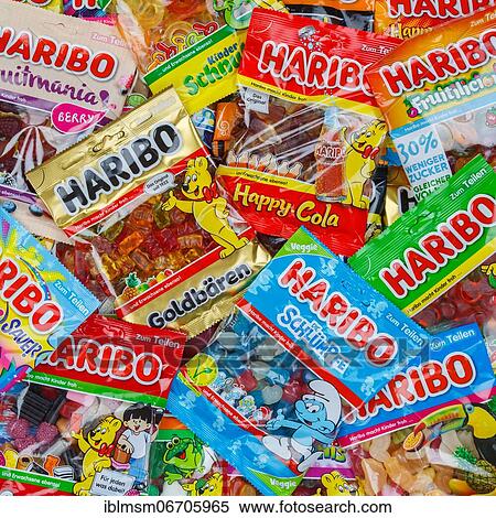 Stock Photography - Haribo gummy bears different varieties wallpaper square, Germany, Europe. Fotosearch
